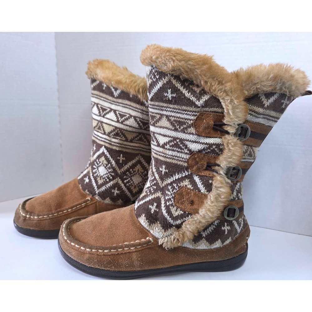 Woolrich Brown Suede Knit Fair Isle Faux Fur Trim Winter Boots 10 MISSING 1 LOOP
